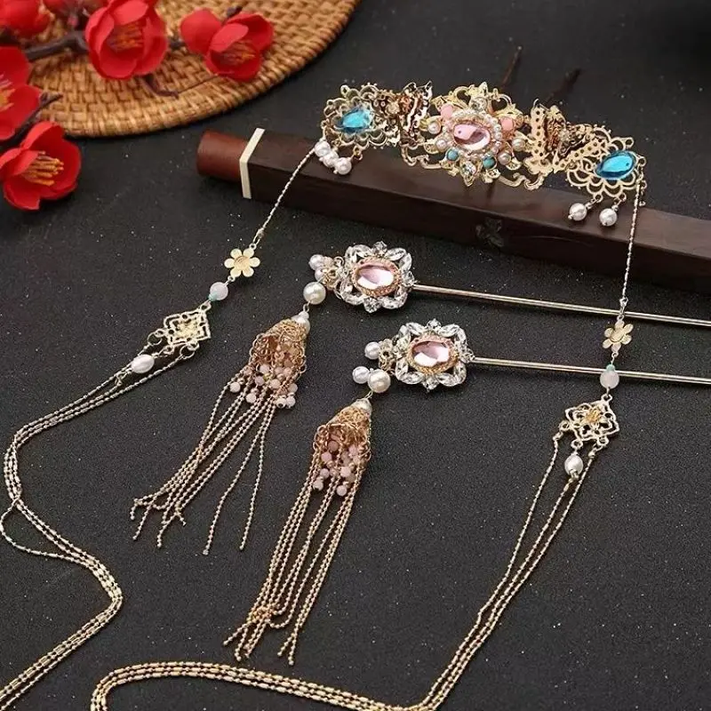 Womens Gold-plated Butterfly Flower With Beads Tassel Hair Crown Hairpin Chinese Hanfu Accessories