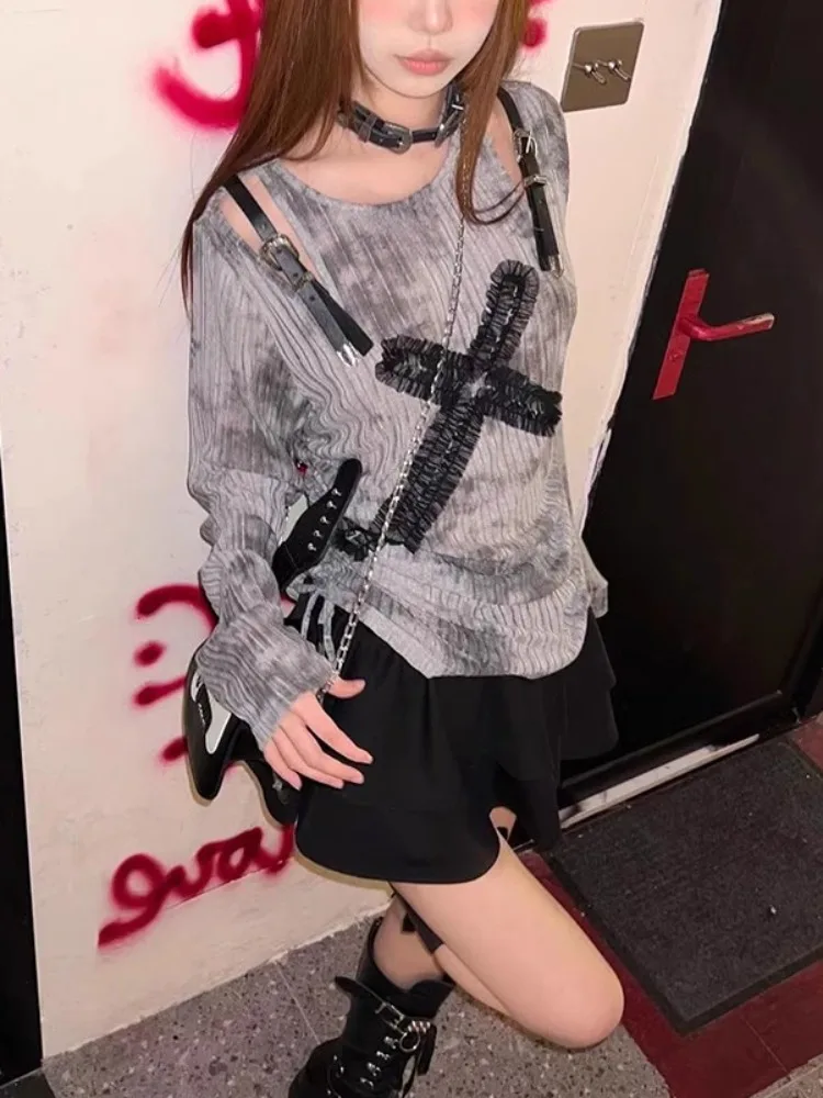 QWEEK magliette gotiche con spalle scoperte donna Vintage Grunge Harajuku Y2k top in pizzo Goth estetica Tie Dye magliette a maniche lunghe femminili