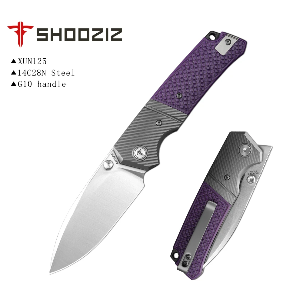 

Shooziz-XUN125, Folding Pocket Knife for Man,PVD/Satin Blade for Outdoor Camping Tool, 14C28N Steel, Ultem/G10 Handle