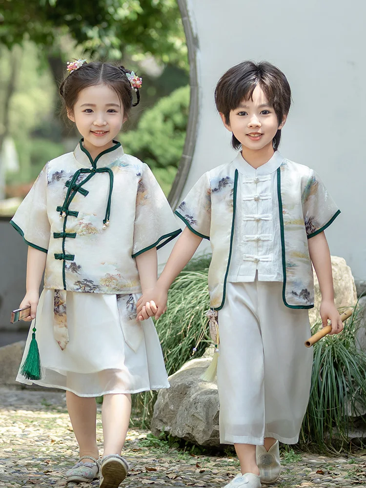 

Традиционный китайский костюм для детей: одежда для выступлений, униформа для детского сада, наряды для брата и сестры, хлопковые, для весеннего танца