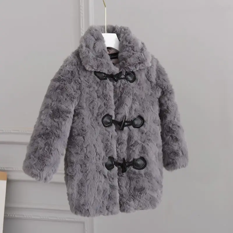 Girls Thickened Warm Coat 2024 New Children Stylish Autumn and Winter Top Girls Cow Horn Button Lamb Wool Coat