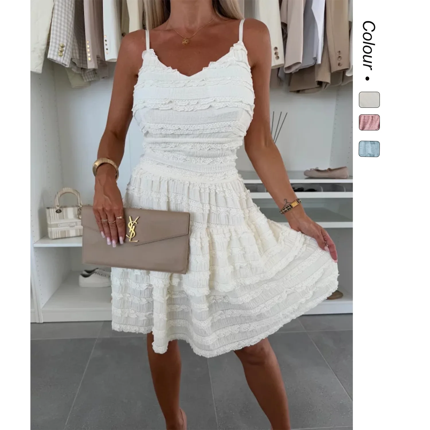 

2026 Summer Women's Solid Color Ruffle Sexy Spaghetti Strap Lace Trim Dress 68518 Wedding Dress Outfits Elegant Clothes Prom