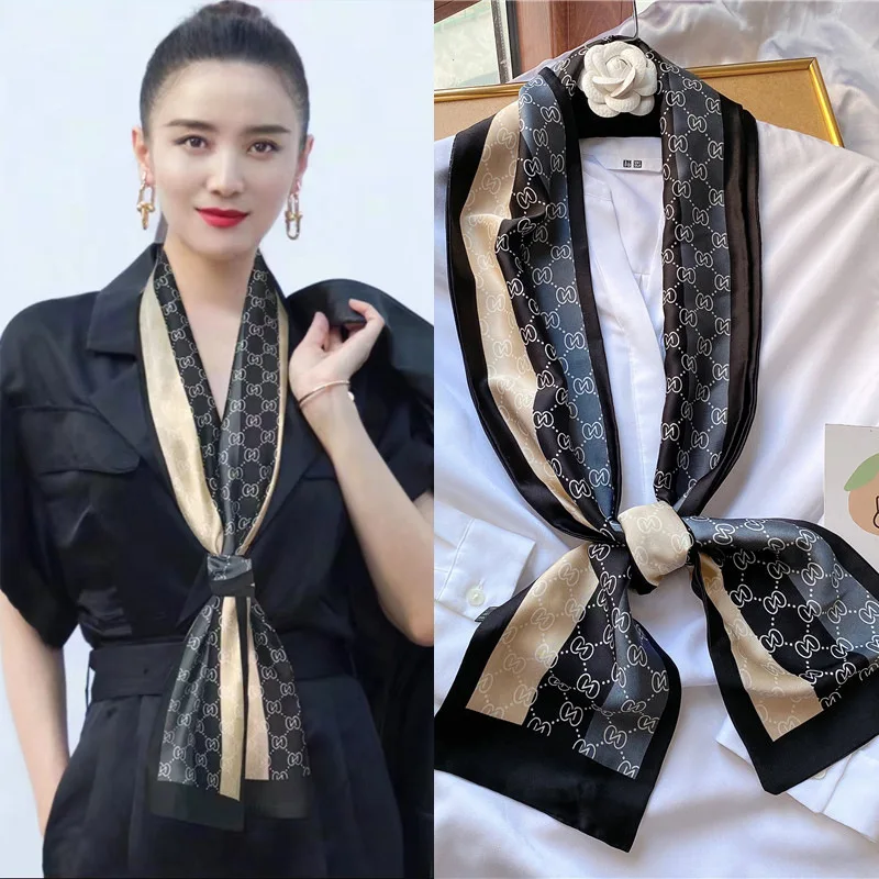 Nueva bufanda pequeña y larga de seda para mujer, bolso con lazo, diadema con estampado de caballo, diadema, bufandas, pañuelo de estilo coreano, cinta, marca de lujo