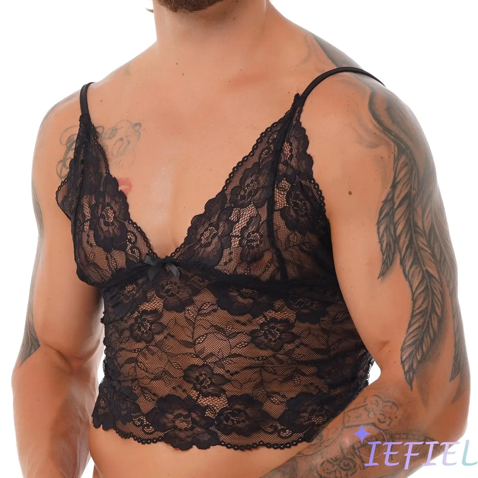 Mens Sissy See Through Sheer Floral Lace Lingerie Bras Bralette Deep V Neck Camisole Shirt Vest Crop Top Nightwear Sleepwear