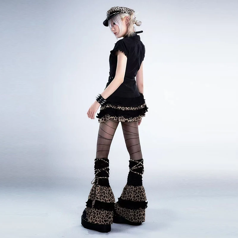 Y2K Penghangat Kaki Motif Macan Tutul Hitam Berbulu Lembut untuk Wanita, Stoking Retro Lolita dengan Tali yang Dapat Disesuaikan, Legging Pakaian Modis