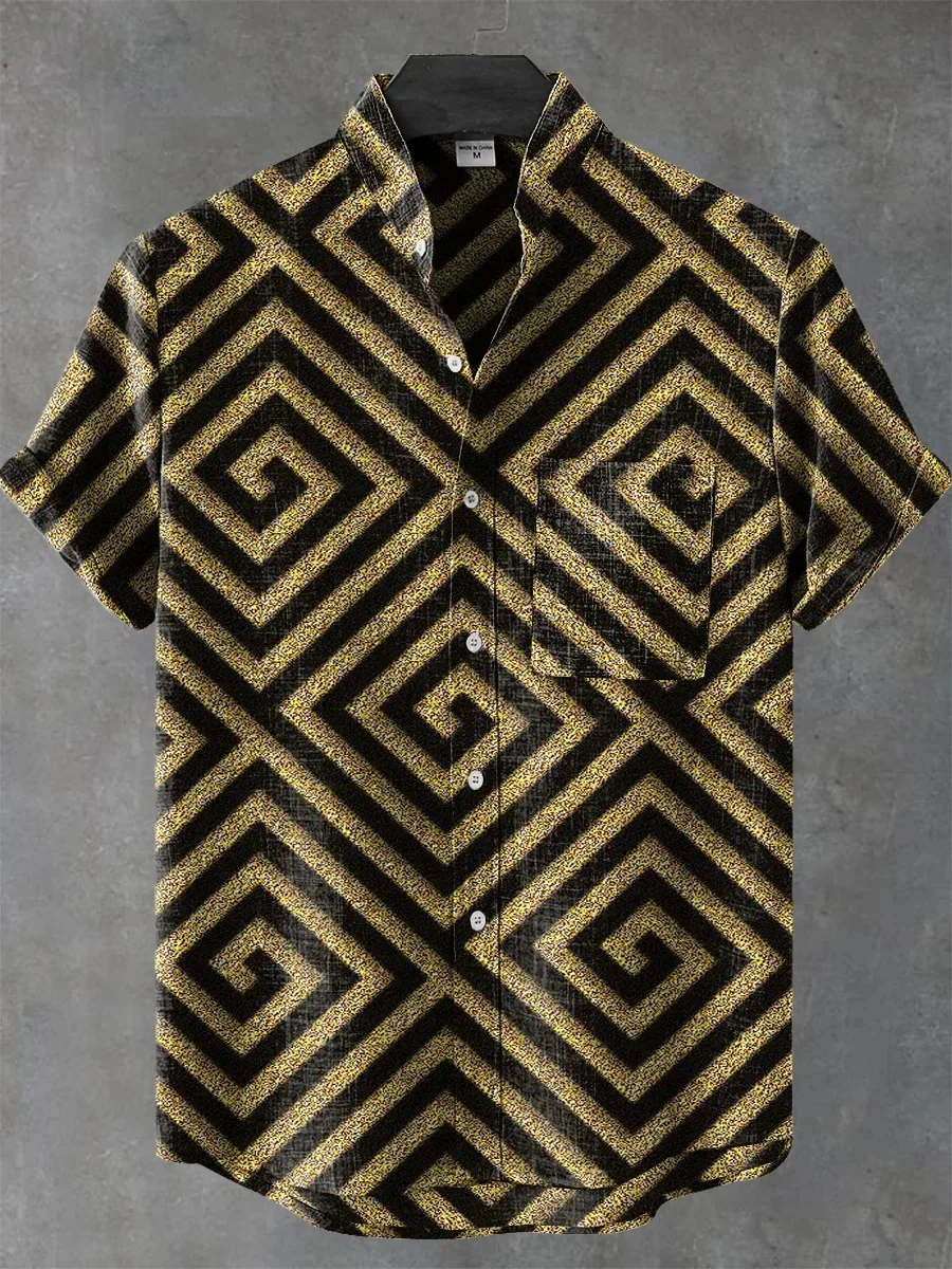 New retro style men's linen stand collar short-sleeved shirt tops, fashionable casual vacation street trend men's printed shirts