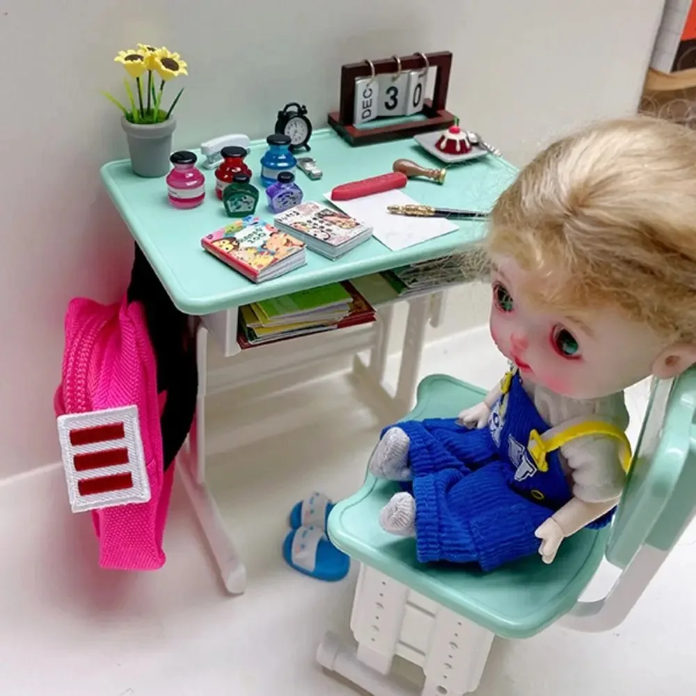 1set Chairs Furniture Model Simulated Dollhouse Desks Writing Study Model Miniature Toy Miniature School Desks Stationery Model