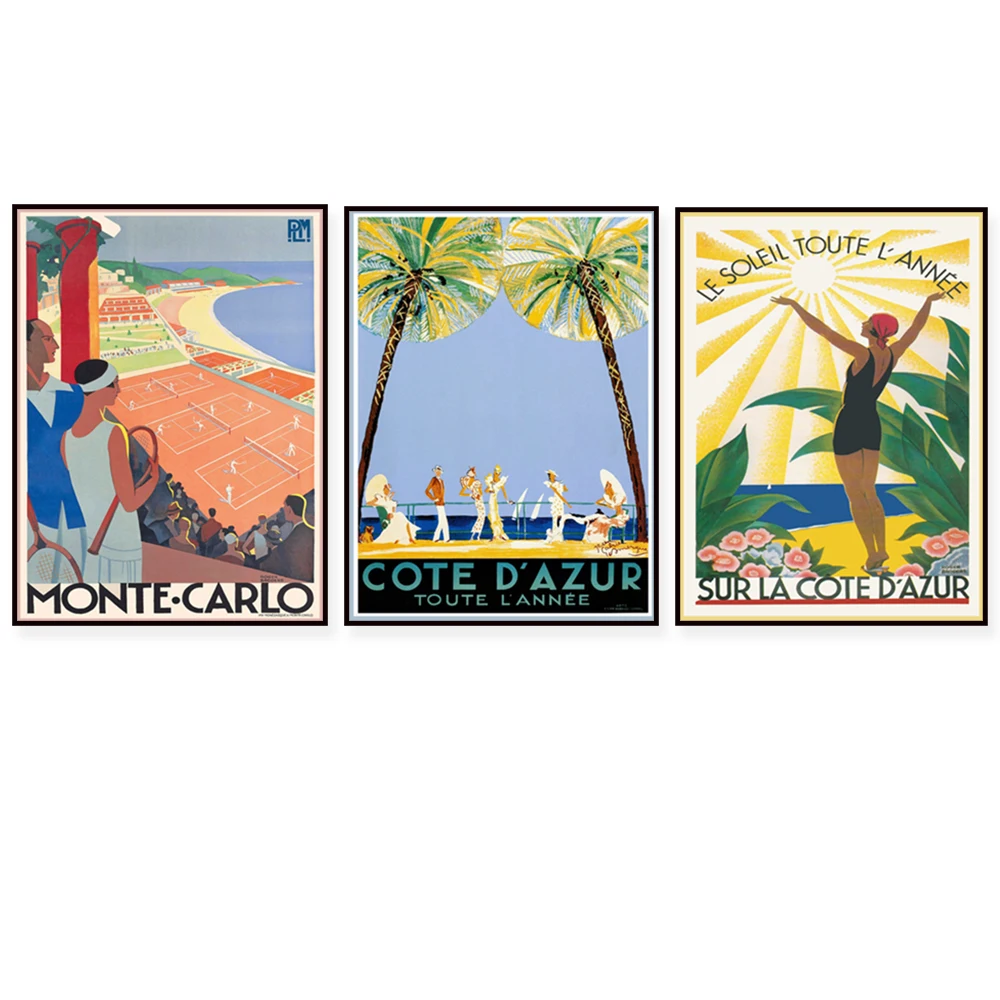 Ensemble de 3 art mural vintage, vintage Monte Carlo impression, nautical imprint, destination imprint, tennis imprint, beach de