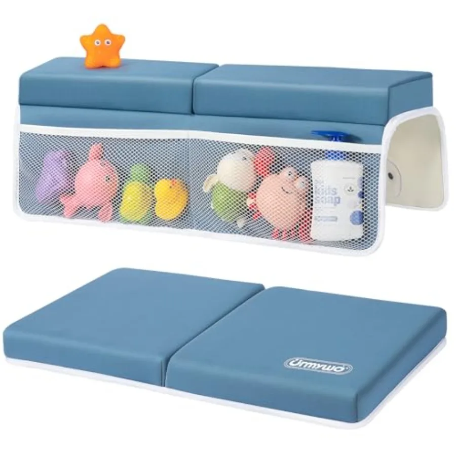 URMYWO Bath Kneeler and Elbow Rest Pad Set - 1.5" Thick Baby Bath Kneeler Pads with Toys Organizer, Anti-Slip Cozy Knee and Arm