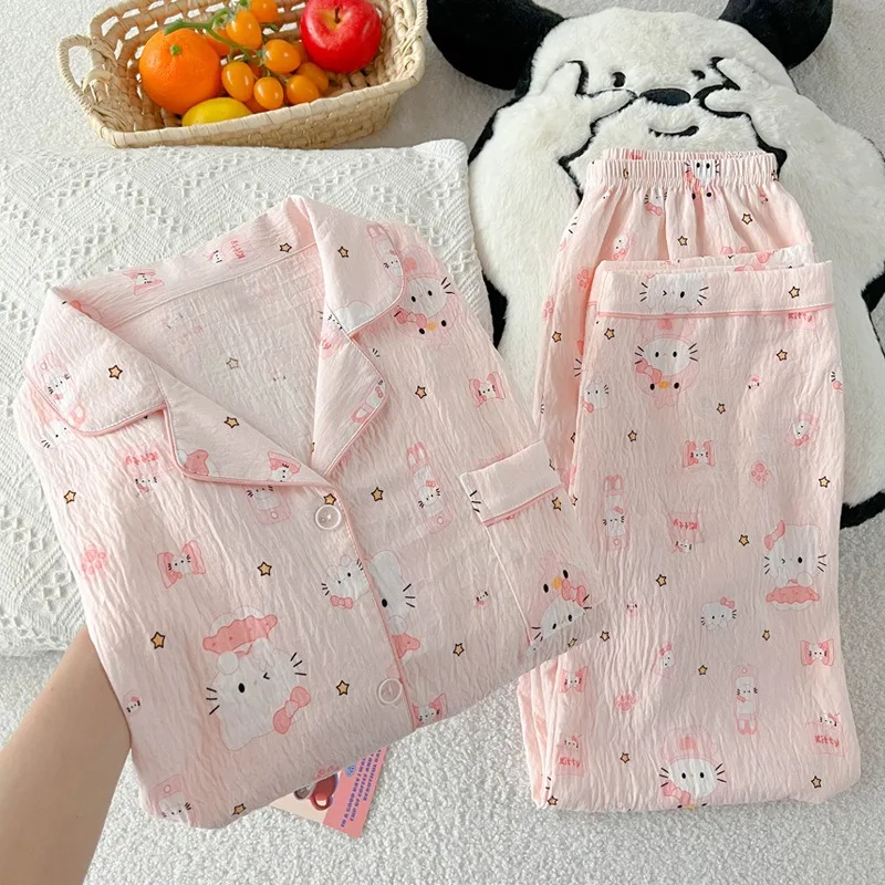 

Pink Hello Kitty pajamas new summer short-sleeved shorts pure cotton two-piece set cartoon cute Hello Kitty women's loungewear