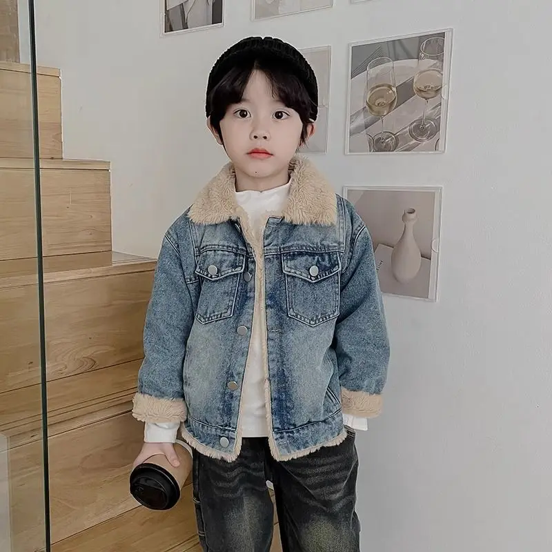 الخريف/الشتاء الأطفال الدنيم سترة جديد الأولاد عارضة الدافئة وسميكة معطف المخملية 110-160 سنتيمتر #5