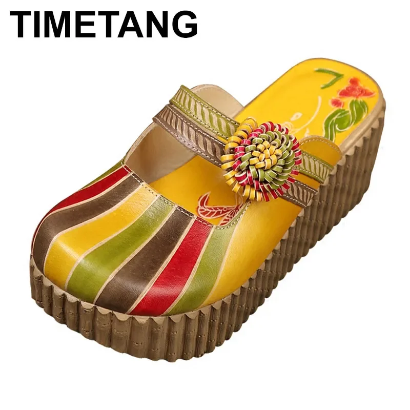 

TIMETANG New Summer Slippers Round Toe Genuine Leather Slippers Thick Bottom Sandals Woman Shoes Ethnic Flowers Slides Muffins