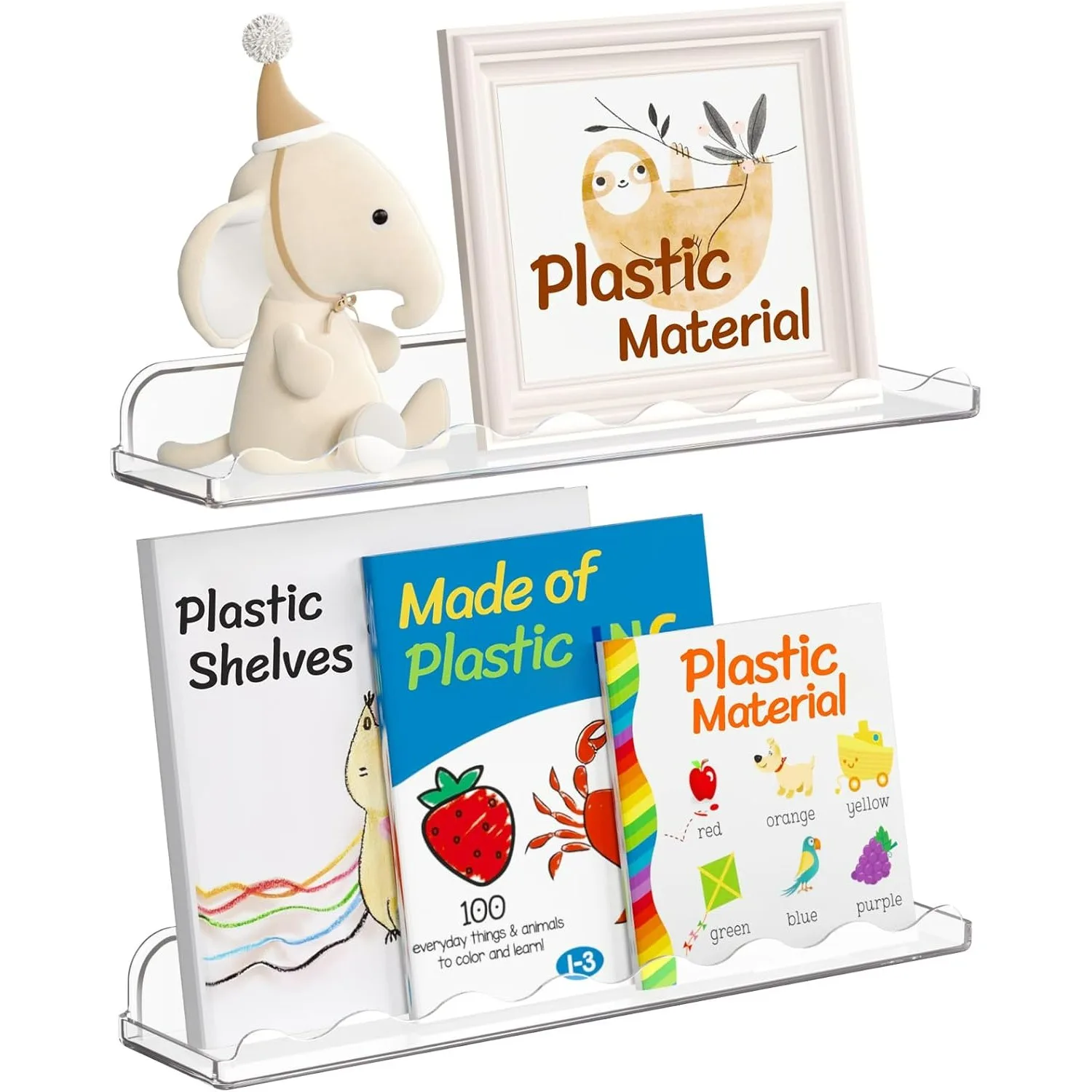 

Plastic Kids Bookshelf 2 Pack, 15" Floating Shelves for Wall Mounted, Clear Clouds Nursery Book Toy Hanging Racks for Baby/Toddl