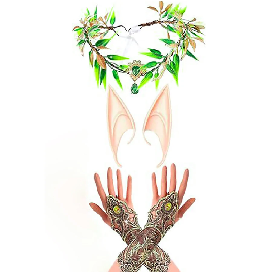Osterkostüm-Set, verziert mit einem Elf-Blatt-Girlanden, elegantes Kostüm für die Feen-Königin, Stirnband, Elf-Ohren, für Partys und Rollenspiele. – Detail 9