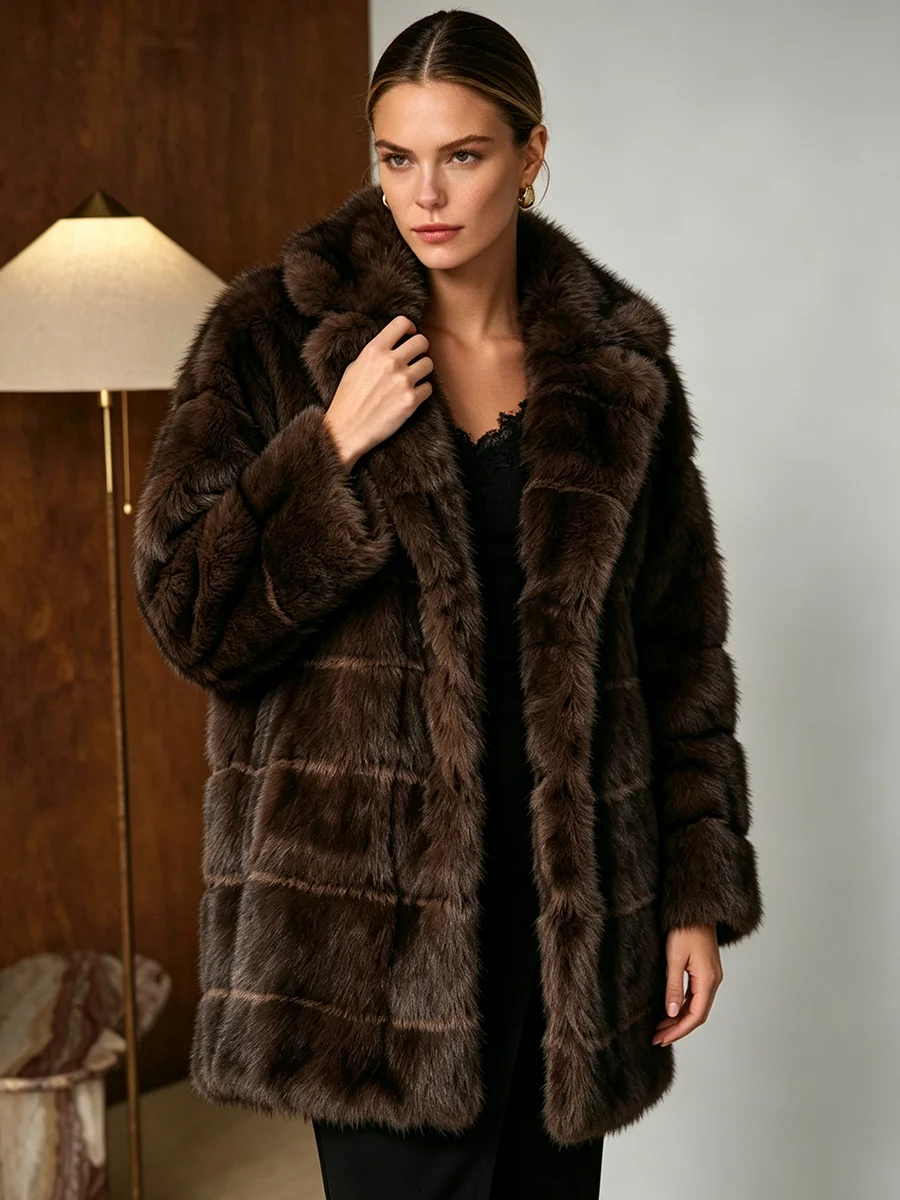 LIMO Women Striped Faux Fur Coat Long Sleeve Mid Length Fluffy Plush Jacket Winter Warm Luxury Furry Outerwear