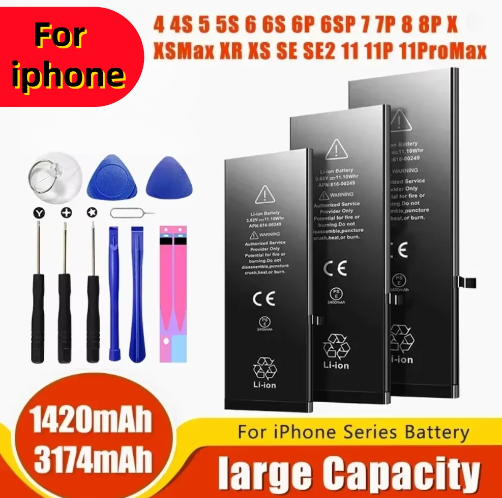 High Capacity Battery For iPhone 4 4S 5 5S  SE  6 6S 7 8 SE2  X XR XS 11 12 13  Pro Max Mini Mobile Phone Pack New 0 Cycle Seal