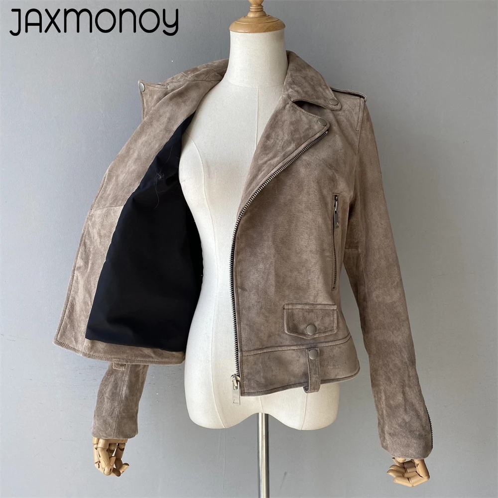 Jaxmonoy Moto Biker Zipper Jacket Woman 2023 Spring New Style Genuine Suede Jacket Ladies Autumn Fashion Real Leather Coat