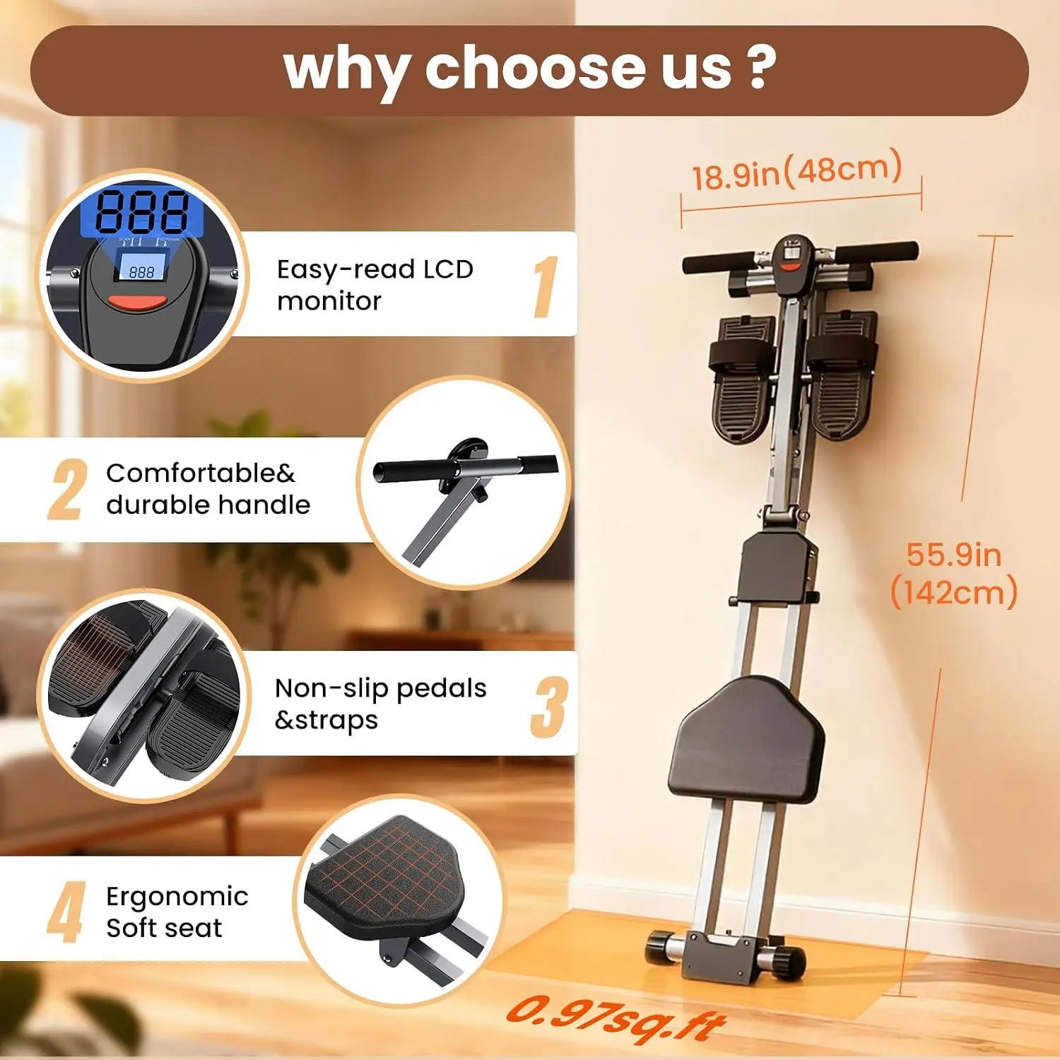 Compact Foldable Full Body Home Workout Rowing Machine 12 Adjustable Resistance Levels Silent Space Saving Low Impact Cardio Fit