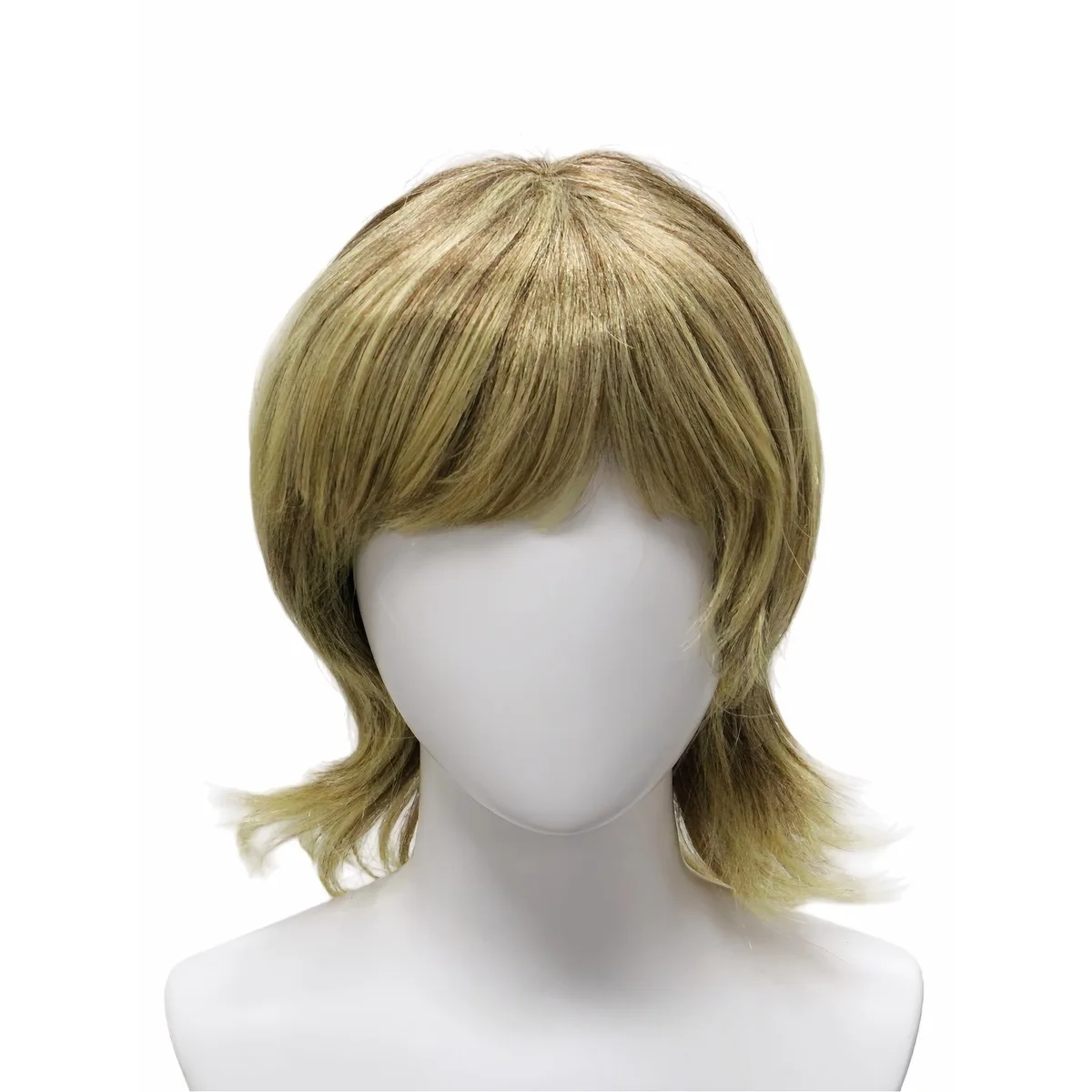Golden Brown Ombre 12inch Wig with Bangs, Wavy Curls Fluffy Layered Synthetic for Daily Cosplay