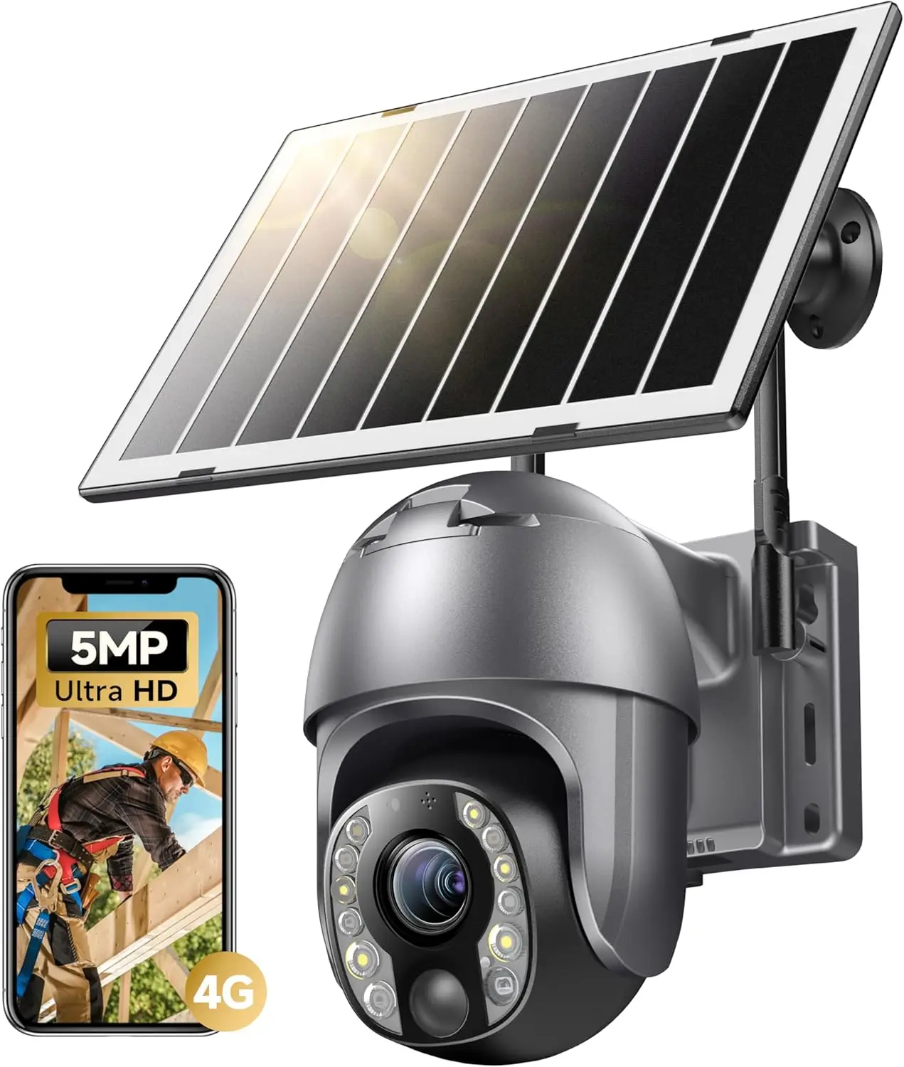 

5MP Cellular Security Camera Outdoor, 4G LTE No WiFi Solar Powered with 10X Optical Zoom, Human Detection Auto Focus, Color