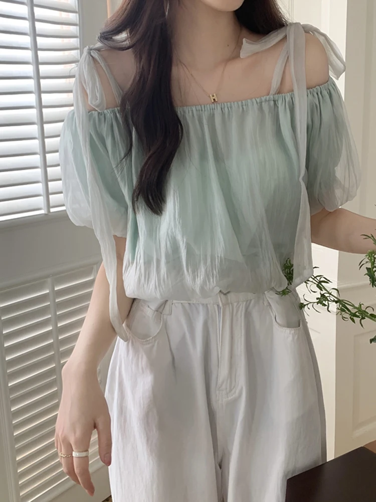 

Sweet Younglooking Korean Sle Women's Chiffon irt with Bowtie One oulder Design ort Sve Pure Color Commute Sle