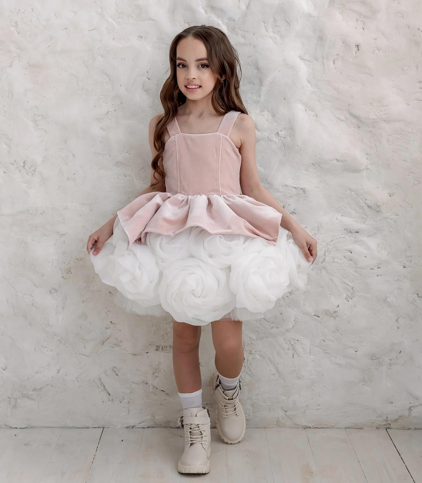Jill Wish M022 Kids Square Neck Velvet Top & Tulle Rosette Bubble Dress - Special Occasion Wedding Party Birthday Pageant Gown