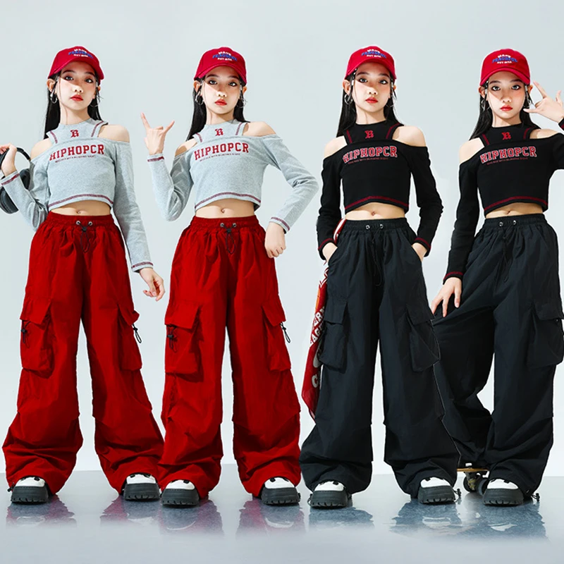 

Jazz Dance Clothing Children Jazz Performance Stage Outfit Black Top Red Shuffle Pants Girl Kpop Dance Clothes Streetwear 2855