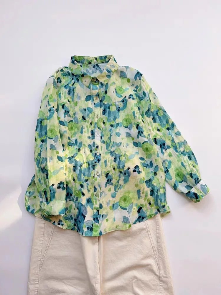 

Artistic Fre een Floral Cotton Linen irt Women's Spring Anti-Aging Small Size Casual plus Size Slimming Long Sve irt