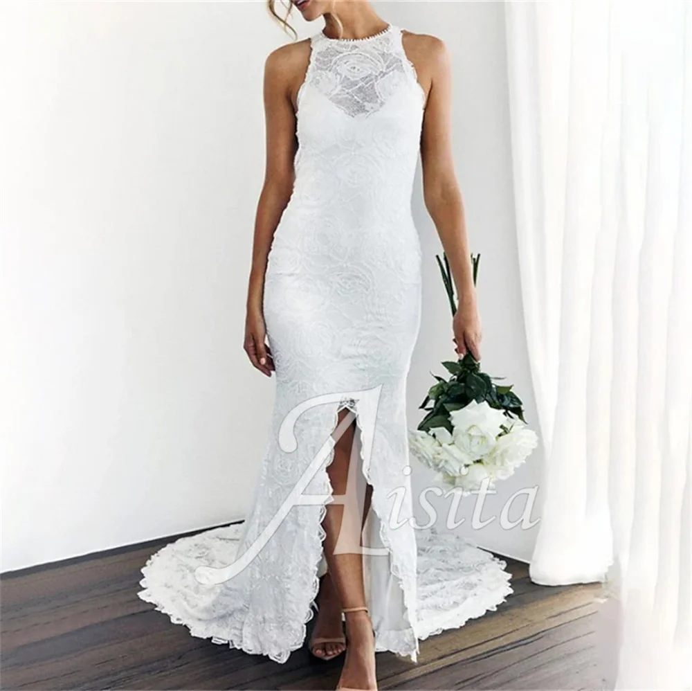 Beach Mermaid Bride Dresses Halter Neck Sleeveless Chapel Train Lace Wedding Dresses For Woman Wedding Dress Vestidos De Novia