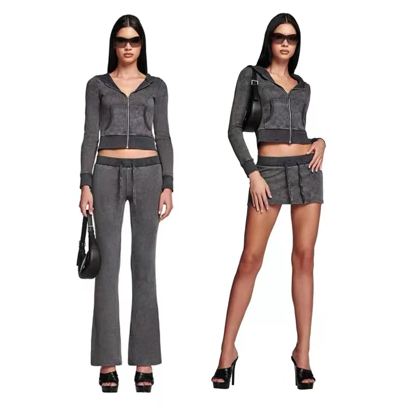 

Ультра-горячая толстовка с капюшоном на молнии и вольсовой текстурой, комплект с юбкой для похудения, узкие брюки с низкой талией, женская повседневная спортивная одежда