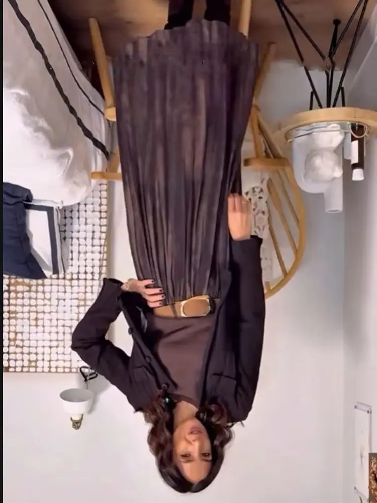 

HH женская мода 2025 года, универсальная тонкая юбка миди с нечетким принтом и поясом, женская уличная повседневная плиссированная длинная юбка с поясом Mujer