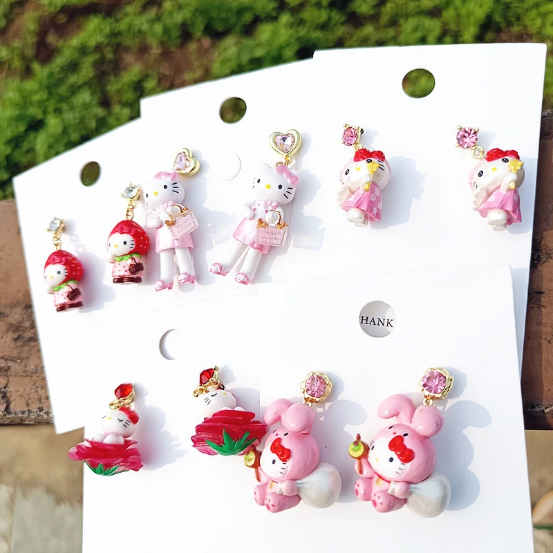 1Pair Sanrio Strawberry Hello Kitty Resin Earrings Cute Cat Girl DIY Fashion Earrings Earrings Lovers Birthday Gifts