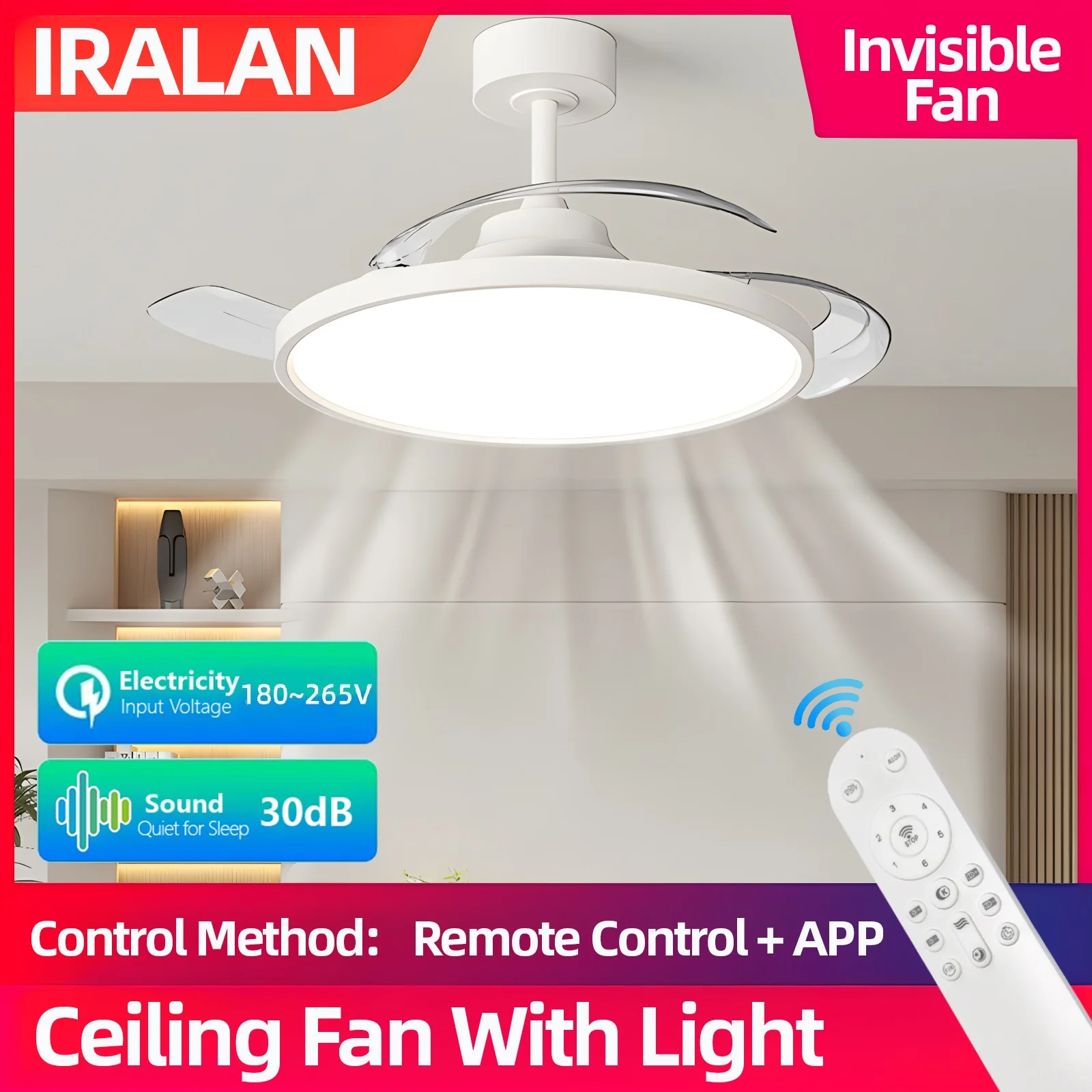 LED Invisible Ceiling Fan with Light and Remote Control Dimmable 6-Speed Electric fan Silent Timed for Bedroom Living Room 220V