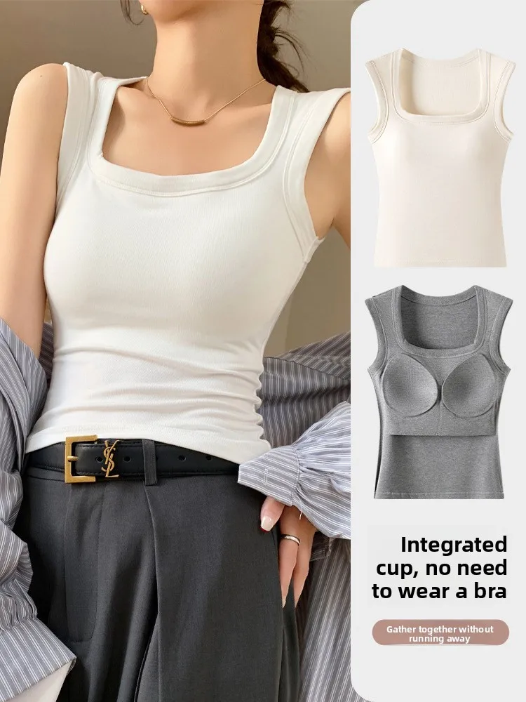 

Белый женский топ-жилет с квадратным вырезом и бретелями, весенний, для ношения под костюм, со встроенными чашечками, цельный, базовый, для работы