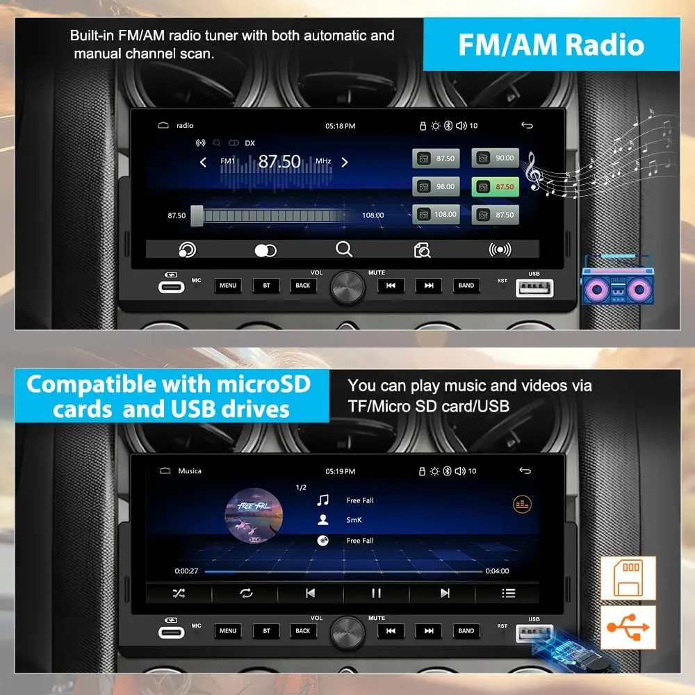 6.86' Car Stereo with Wireless CarPlay, Android Auto, Bluetooth, Backup Camera, USB-C, FM, EQ