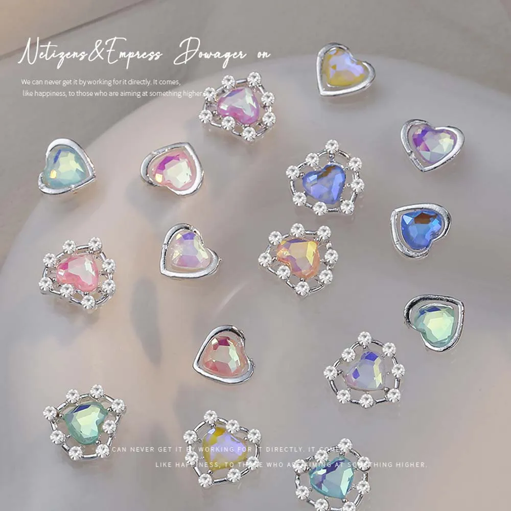 

10Pcs 11x11mm Heart Shaped Designer Nail Art Charms 3D Alloy Aurora Multi-Colors Diamond Gems Nail Jewelry DIY Nail Rhinestones