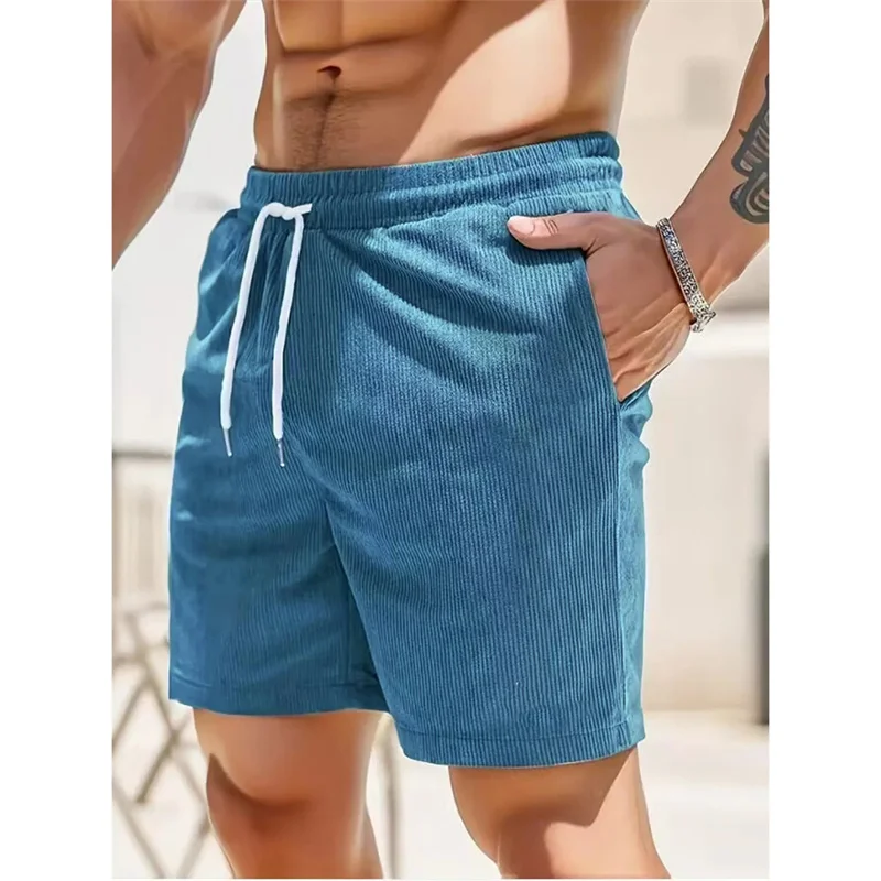 Summer Running New Solid color lace-up sweatpants corduroy simple quarter shorts men\'s shorts casual pants Fitness Men\'s Shorts