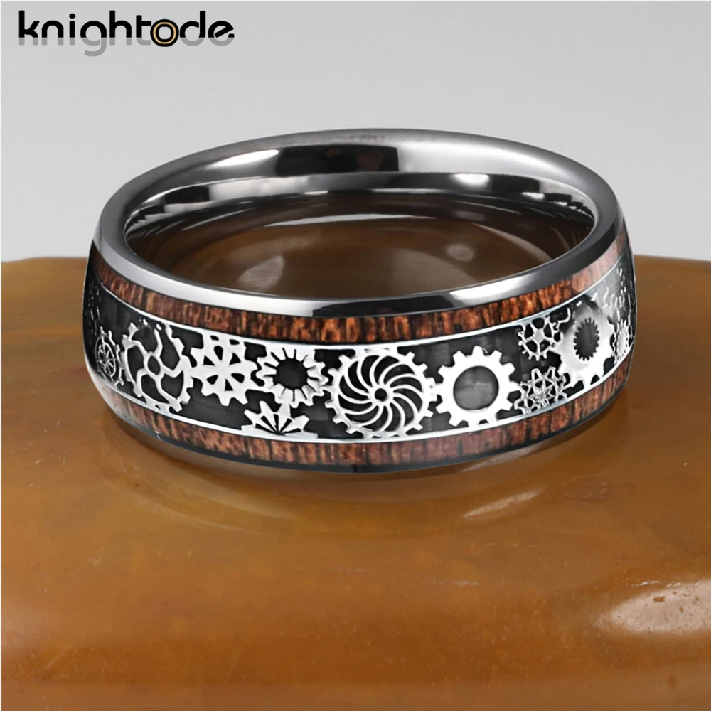 10mm Width Steampunk Gear Wheel Tungsten Carbide Ring for Men Women Koa Wood Inlay Domed Polished Comfort Fit