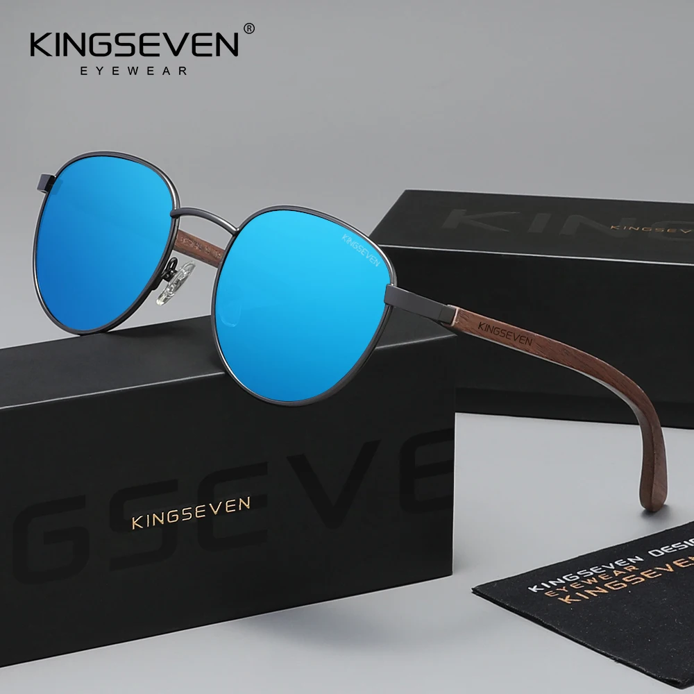 KINGSEVEN Retro Black Walnut Wood Men's Sunglasses Women Polarized Round High Quality Glasses