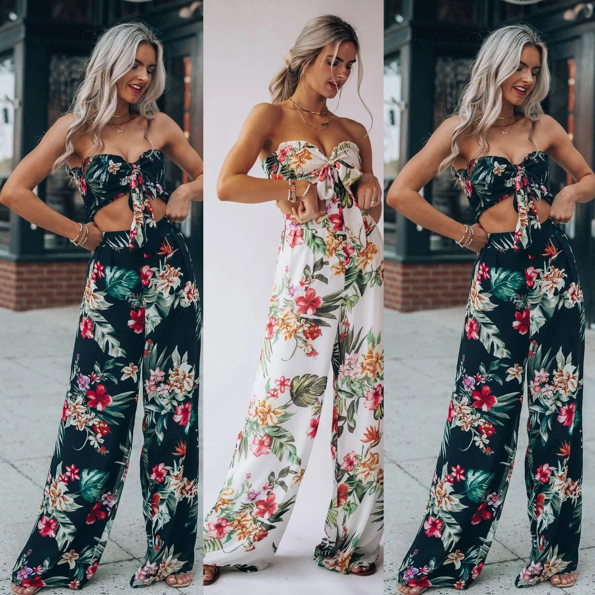 

Flower Printed Pant Sets Women Sleeveless Sexy Low Cut Leace-up Tube Top High Waist Wide Leg Long Pants Two Piece Set Summer New