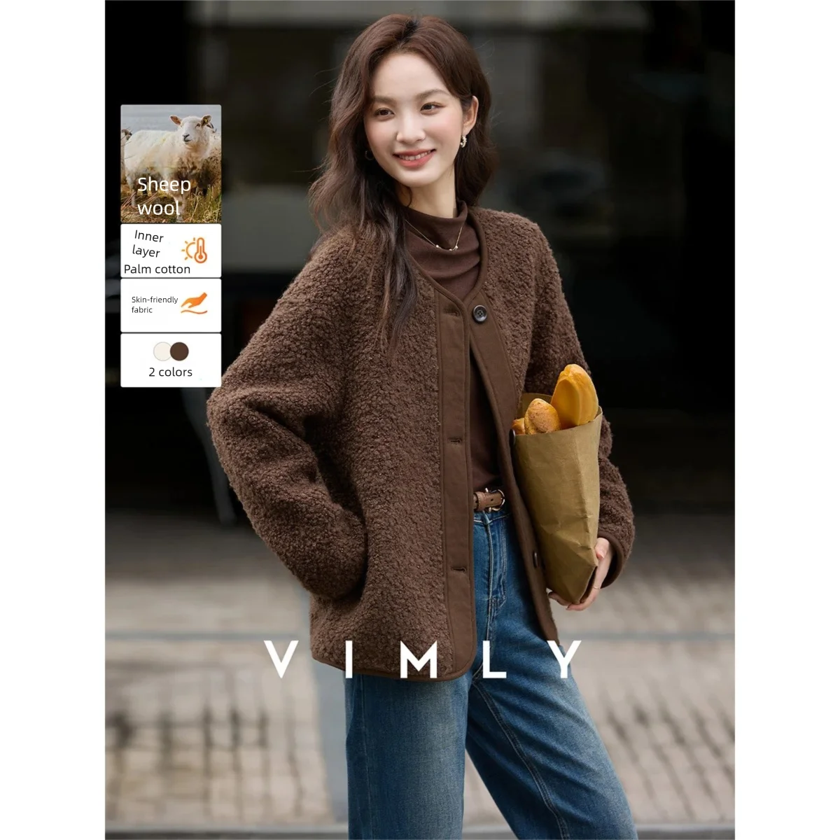 

VIMLY Women's Wool Blend Padded Quilted Jacket 2026 Winter Casual Long Sleeve Loose Short Coat Female Outerwear Woman M9531