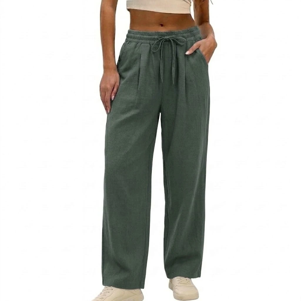 Neue Damen-Baumwollhose mit weitem Bein, lässige, lockere, hochtaillierte lange Hose, weiche Jogginghose, Baggy-Sweatpants mit Kordelzug für Sport. – Detail 3