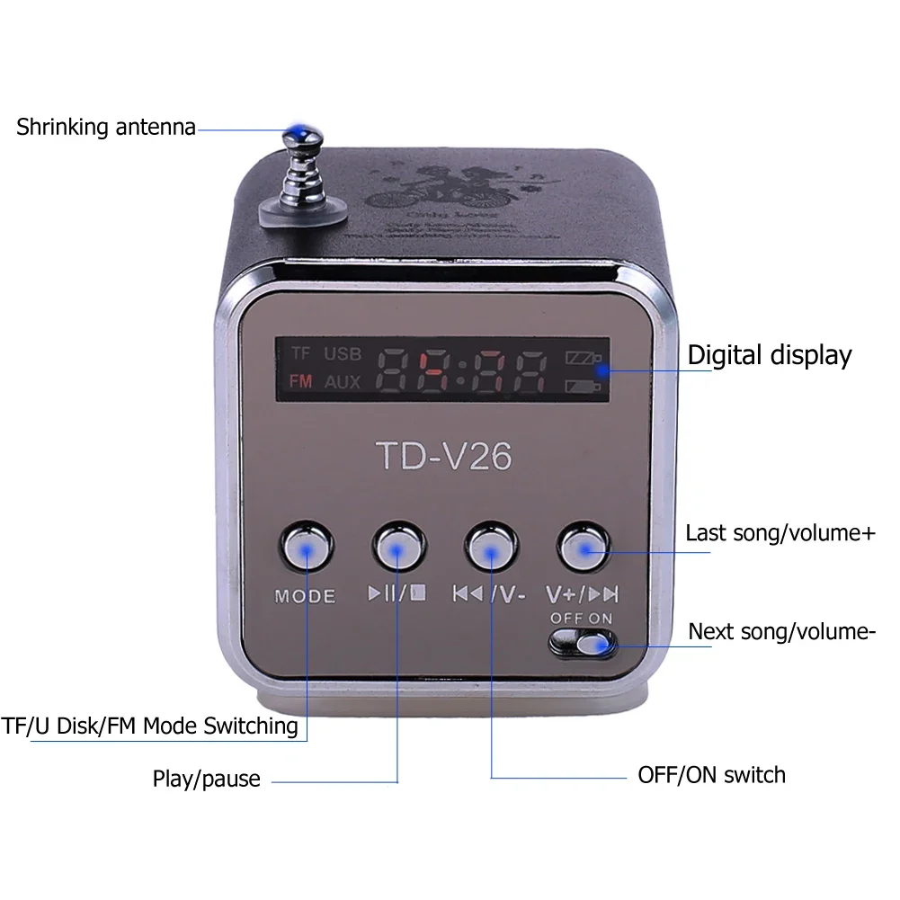 Portable TD-V26 Digital FM Radio Wireless Speaker Mini FM Radio Receiver 1.0 inch LCD Display MP3 Player 87.5~108MHz Support TF