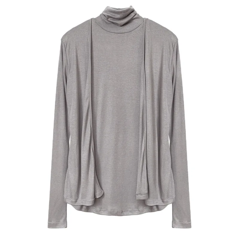 Korean Slim Sexy Feminine High Neck Vest + Long Sleeve Cardigan Two-Piece Set Trendy Top Tees Fashion T Shirt 2025 New Z6GP