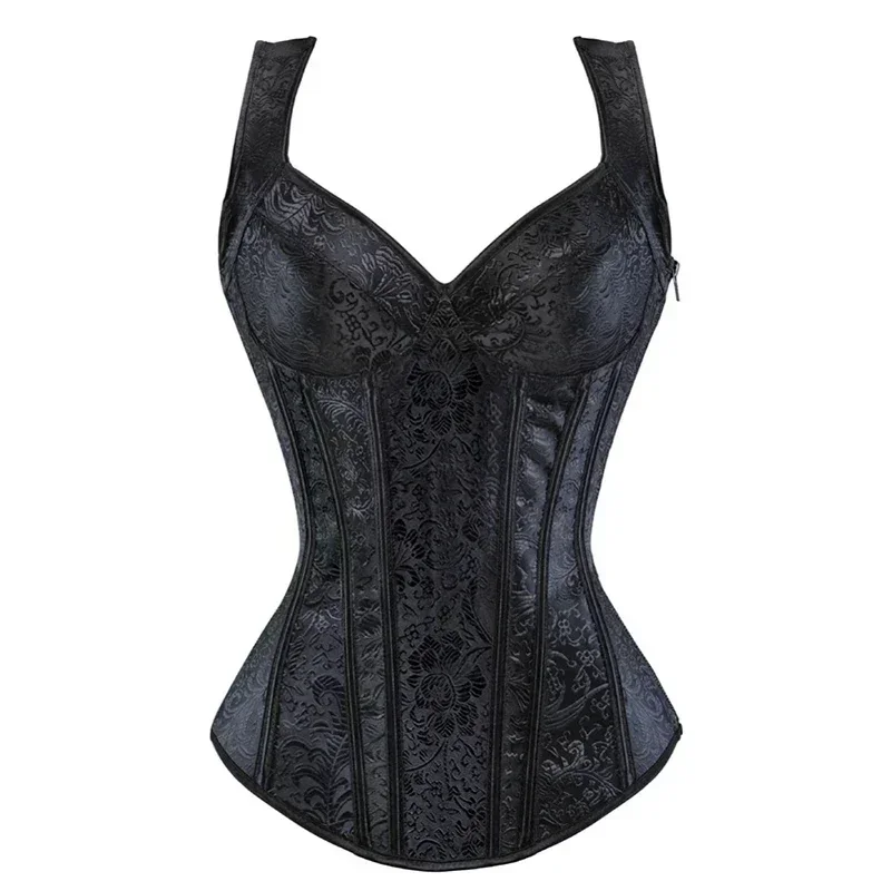 Plus Size Floral Jacquard Corset Women Corset with Straps Overbust Corset Zipper Top Gothic Steampunk Corsets Bustier