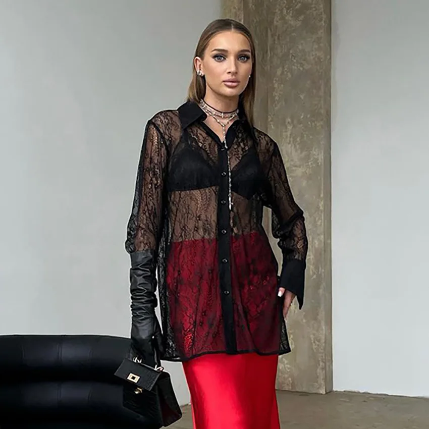 

New Spring Autumn Women's Light Outer Long-sleeved Shirt Perspective Black Sexy Lace Shirt Medium And Long Women's Clothing
