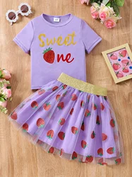 Short sleeved strawberry mesh skirt set for girls, middle and young children