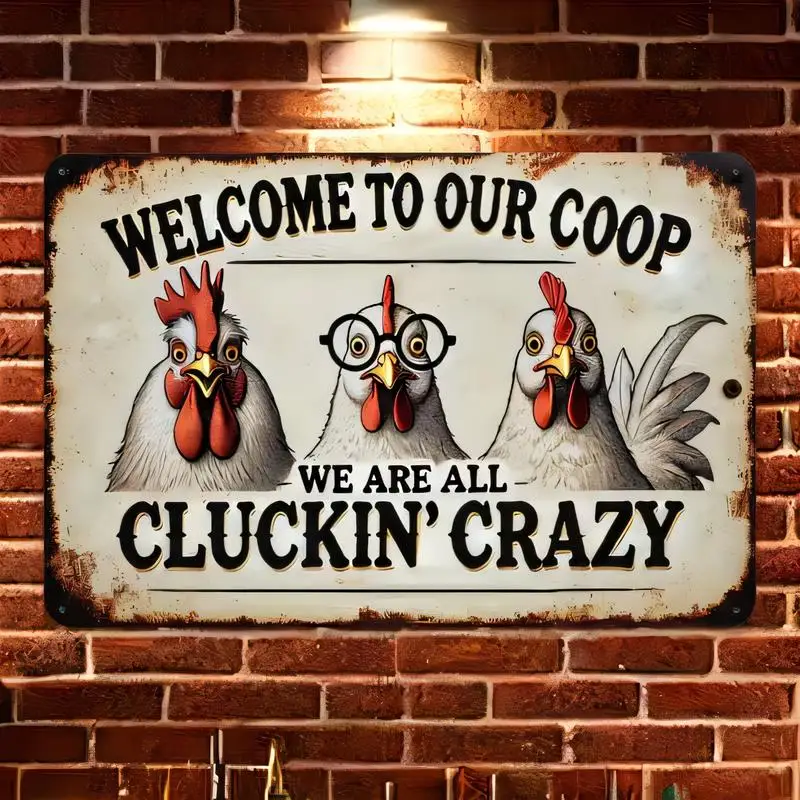 Vintage Metal Chicken Coop Sign, Humorous 3 Chickens (1 w/ Glasses) & Cluckin' Crazy Quote, Retro Rustic Iron Wall Art for Farmh