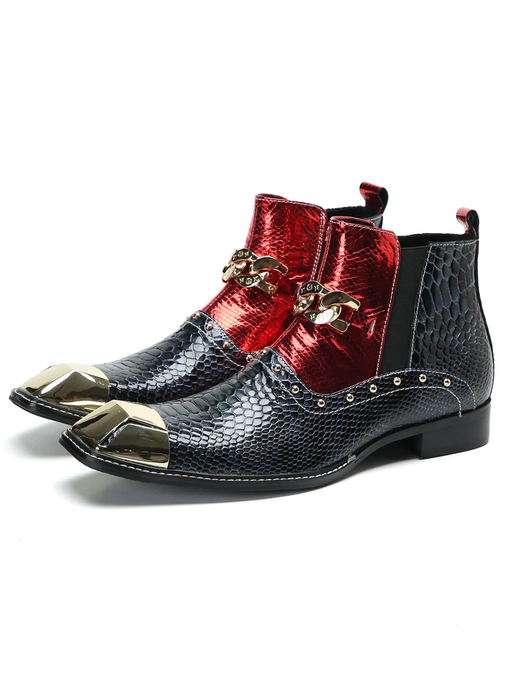 Board Luxus hand gefertigte Herren stiefel goldene Metall zehe blaue Leder Stiefeletten Herren Reiß verschluss Schnallen Rock Party und Hochzeit Botas Schuh – Detail 2