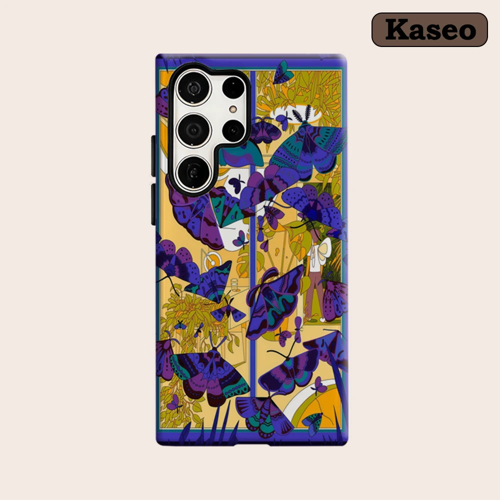 Kaseo Phone Case for Samsung Galaxy S26 S25 Ultra S24 Ultra Plus Shockproof Double Layer Indigo & Violet Moth Window Scene Cover